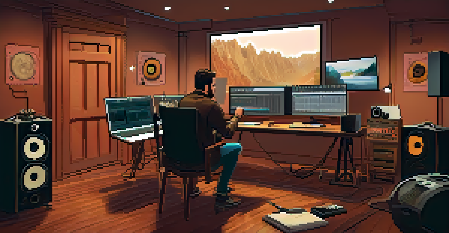 A film director and sound designer in a studio, discussing soundtracks surrounded by audio equipment.
