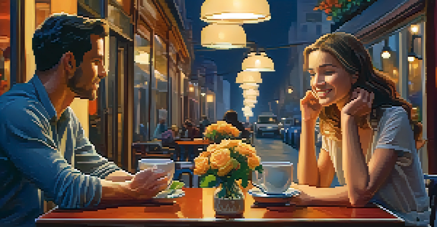Two friends in a café having a deep conversation, surrounded by warm lighting and coffee cups.