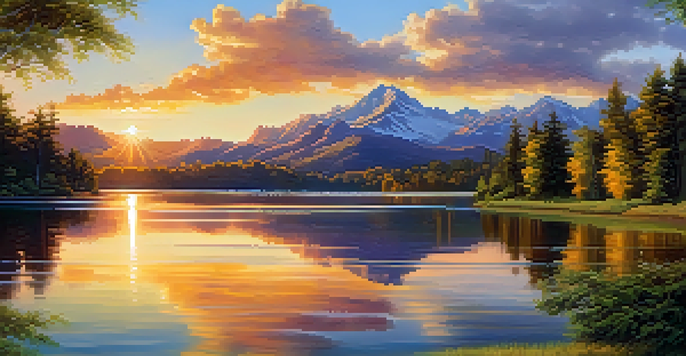 A peaceful lakeside scene during golden hour, with reflections of the vibrant sunset in the water and lush greenery surrounding the lake.