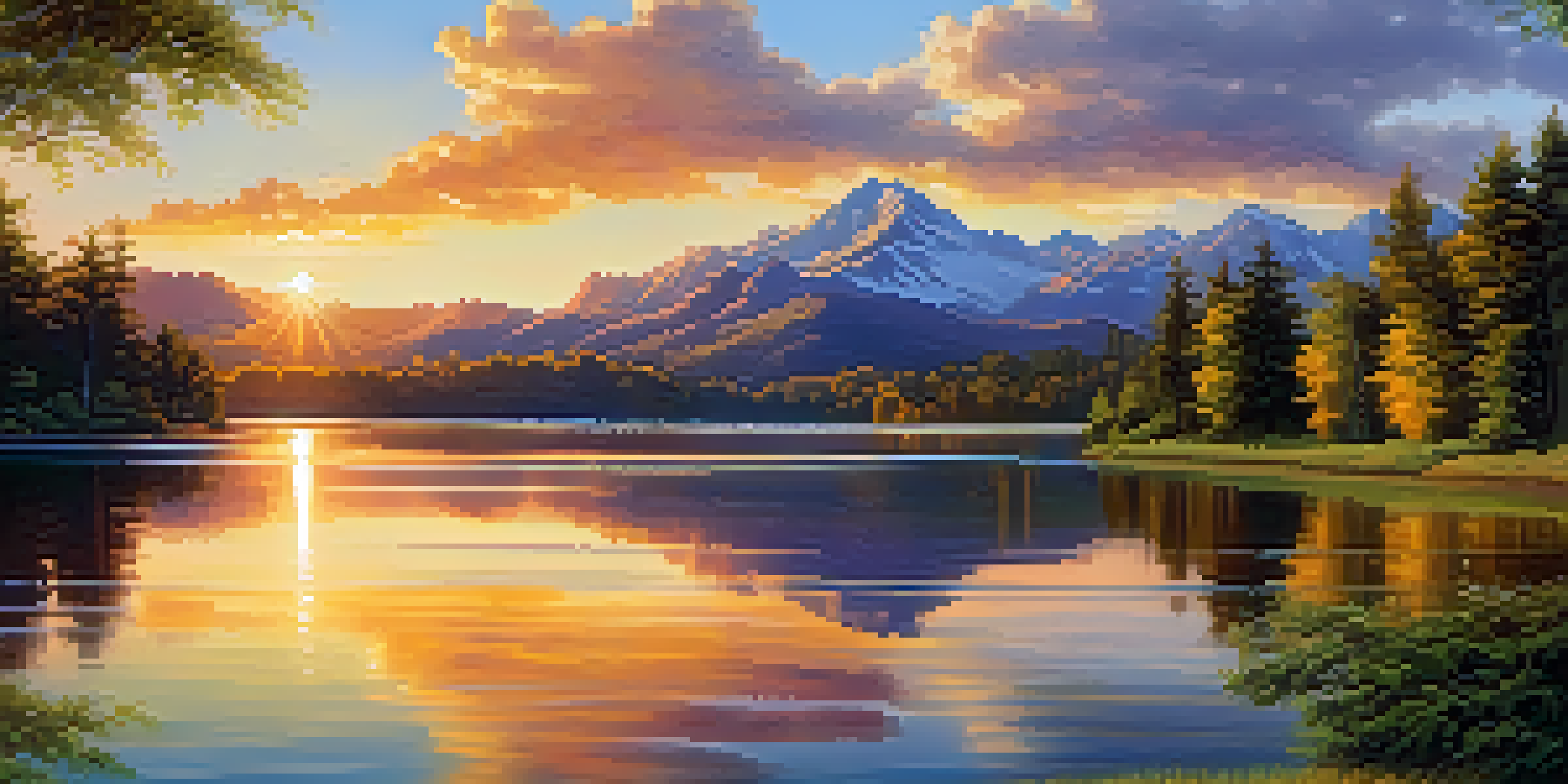 A peaceful lakeside scene during golden hour, with reflections of the vibrant sunset in the water and lush greenery surrounding the lake.
