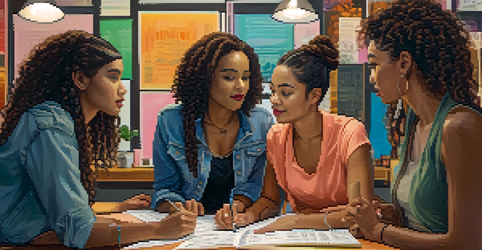 A colorful film set with diverse female filmmakers discussing a script, surrounded by notes and storyboards.