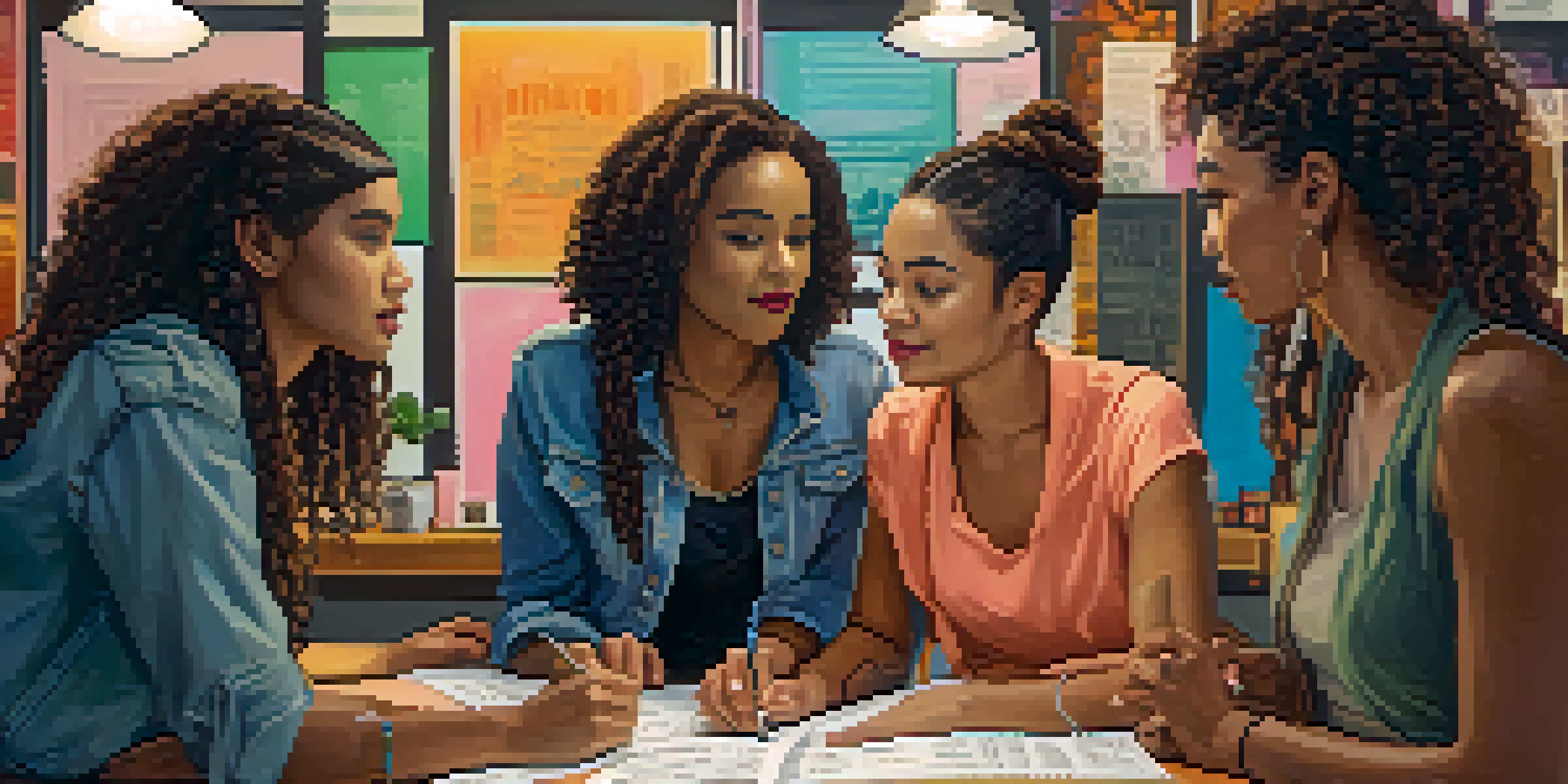 A colorful film set with diverse female filmmakers discussing a script, surrounded by notes and storyboards.