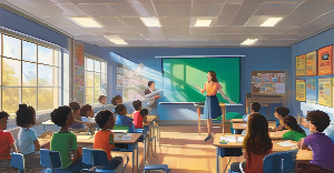 A classroom filled with diverse students watching a film projected on a screen, with a teacher facilitating the discussion about mental health.