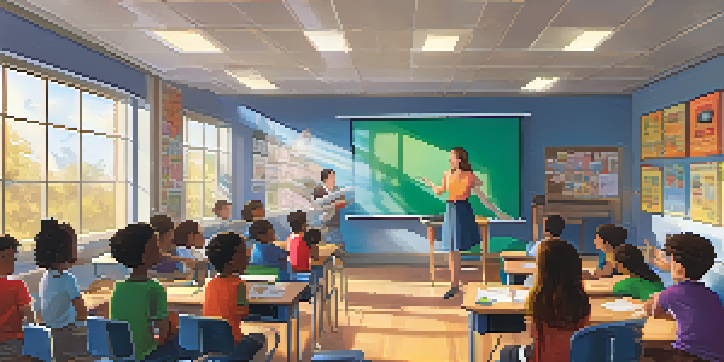 A classroom filled with diverse students watching a film projected on a screen, with a teacher facilitating the discussion about mental health.