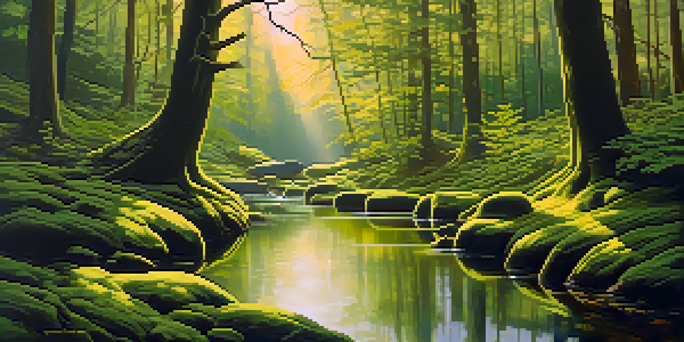 A peaceful forest with sunlight shining through trees, a stream flowing, and birds on branches.