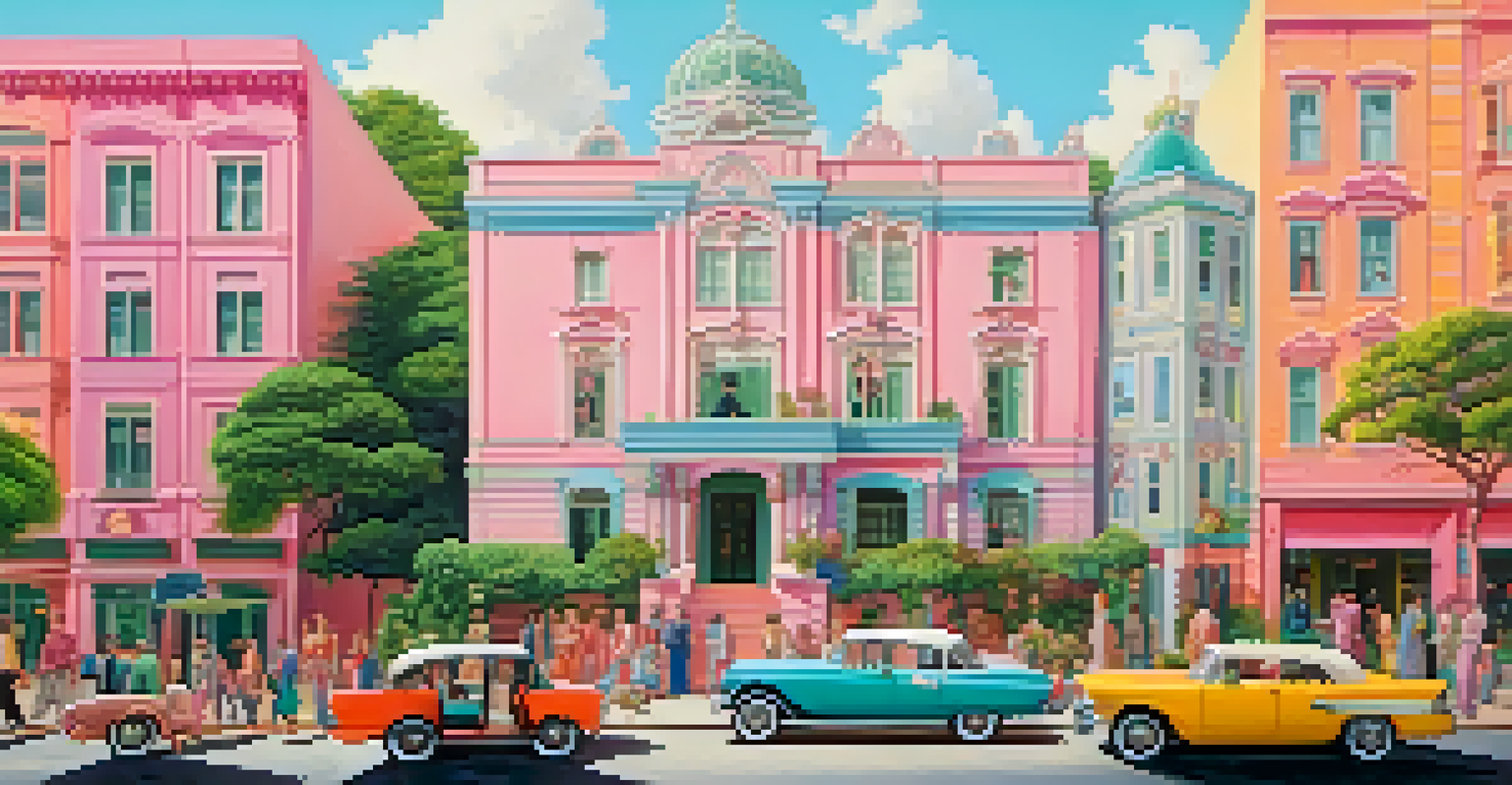 A pastel-colored symmetrical movie scene with characters in stylish outfits surrounded by greenery.