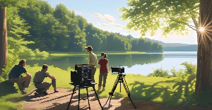 A filmmaker scouting a picturesque outdoor location, surrounded by greenery and a lake, with crew members discussing nearby.