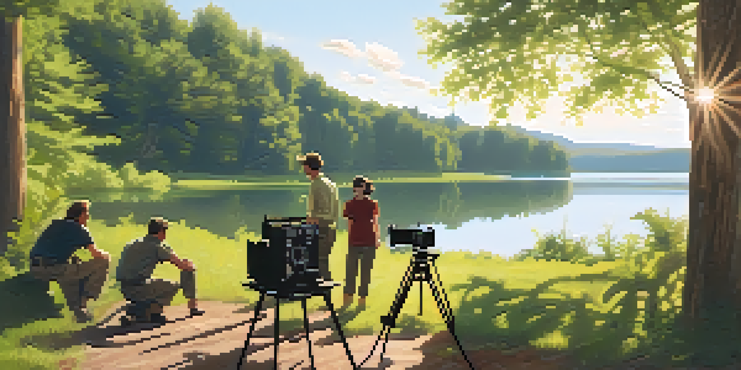 A filmmaker scouting a picturesque outdoor location, surrounded by greenery and a lake, with crew members discussing nearby.