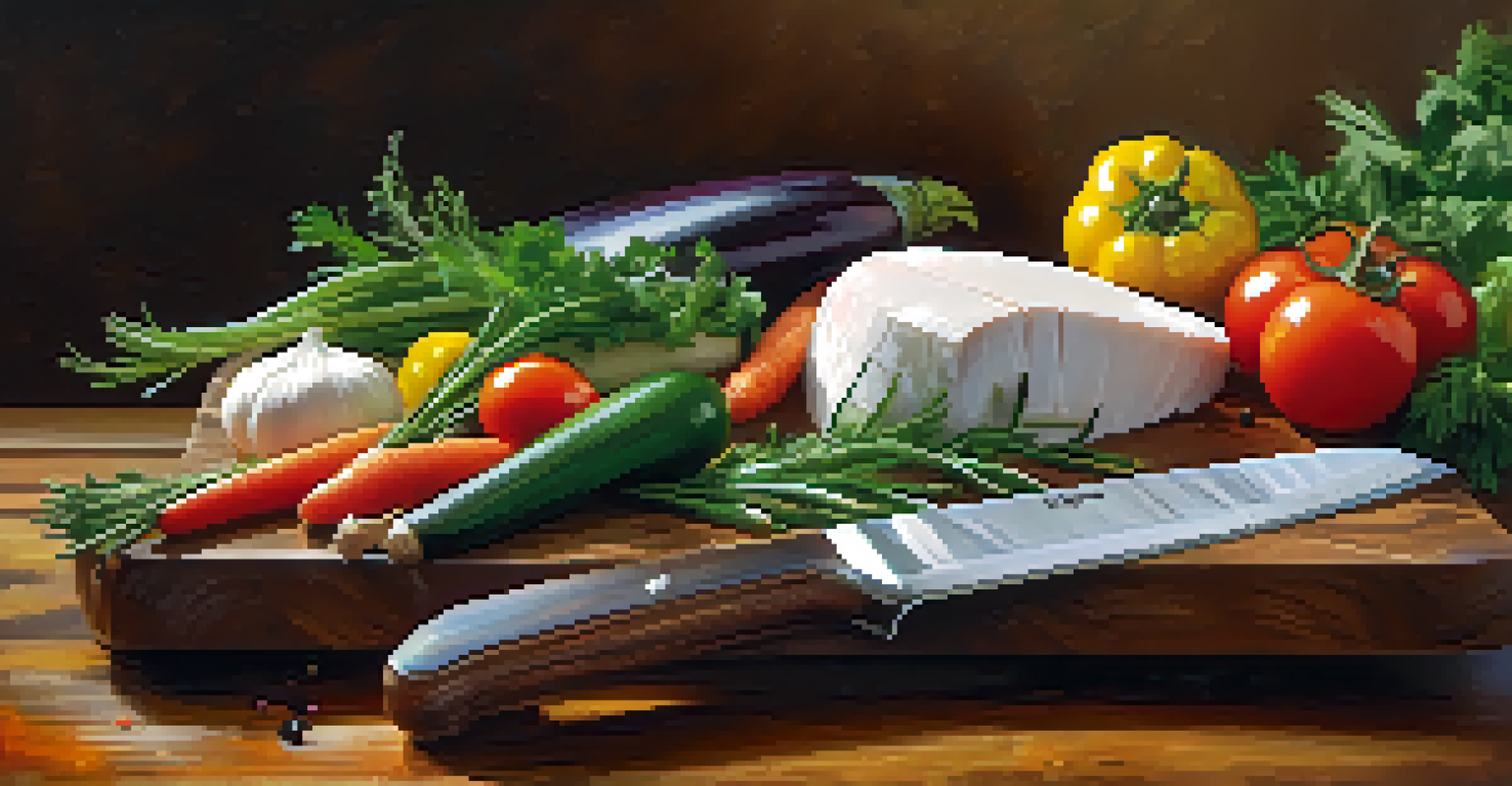 A chef's knife on a cutting board with fresh herbs and vegetables, bright lighting, and a hint of steam.