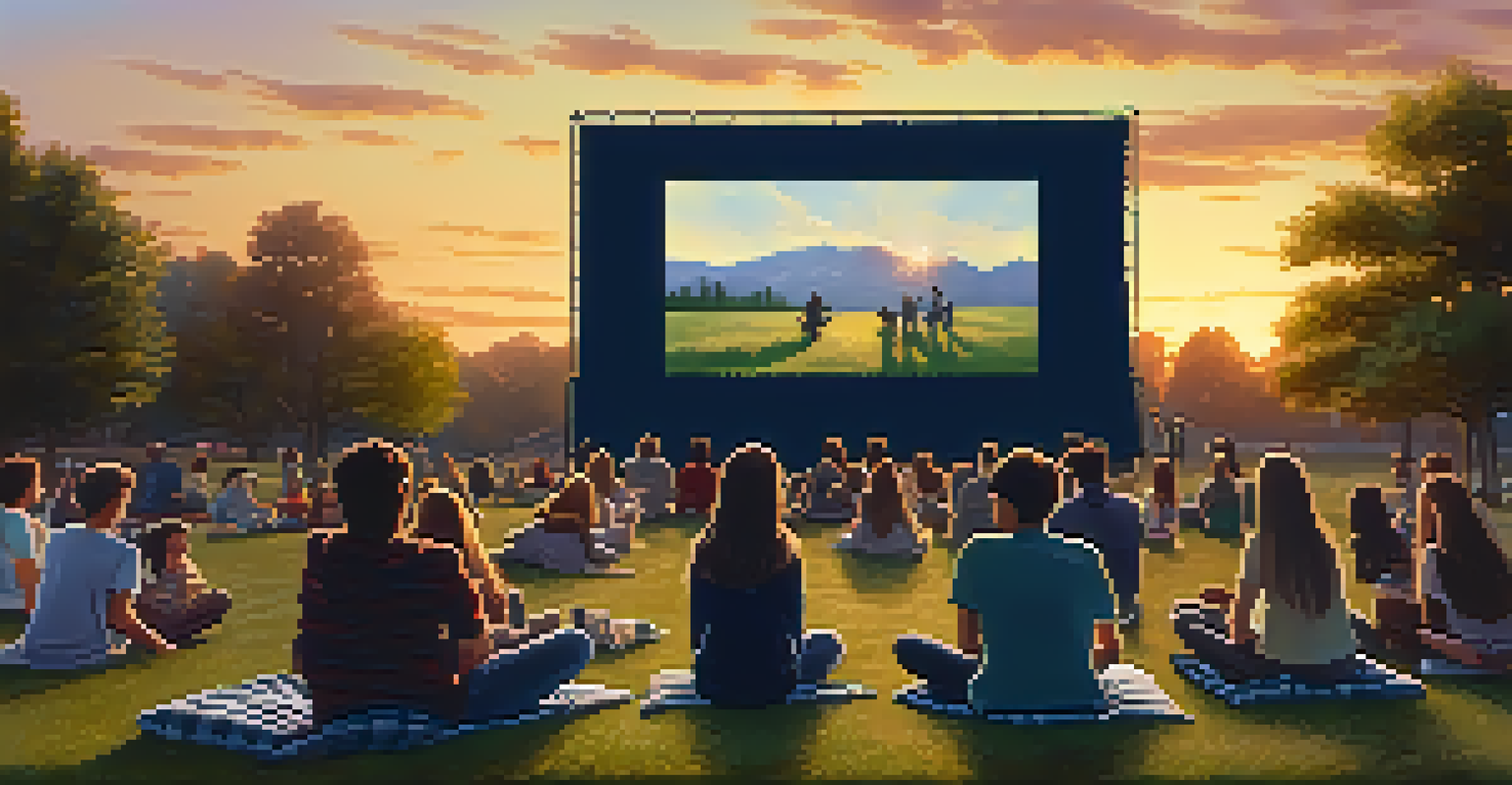 A group of students enjoying a classic film outdoors on a large screen in a park, with blankets on the grass and a beautiful sunset in the background.