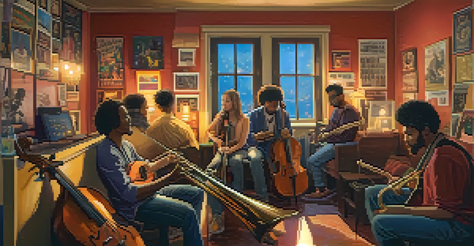 A diverse group of musicians playing instruments in a cozy recording studio with colorful music posters on the walls, illuminated by soft golden light.