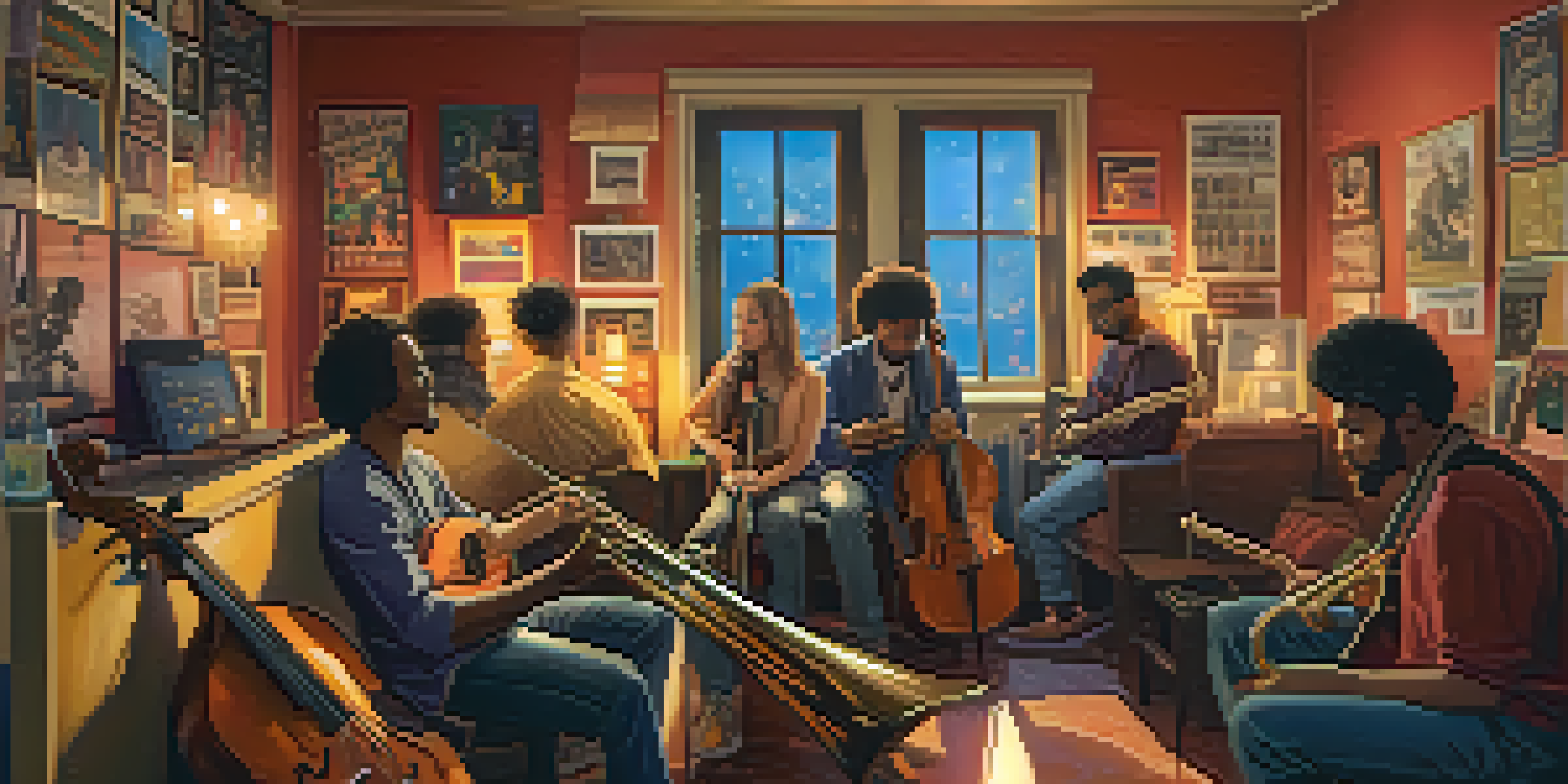 A diverse group of musicians playing instruments in a cozy recording studio with colorful music posters on the walls, illuminated by soft golden light.