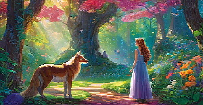 A whimsical character in a flowing gown interacting with a friendly talking animal in a colorful forest filled with flowers and sunlight.