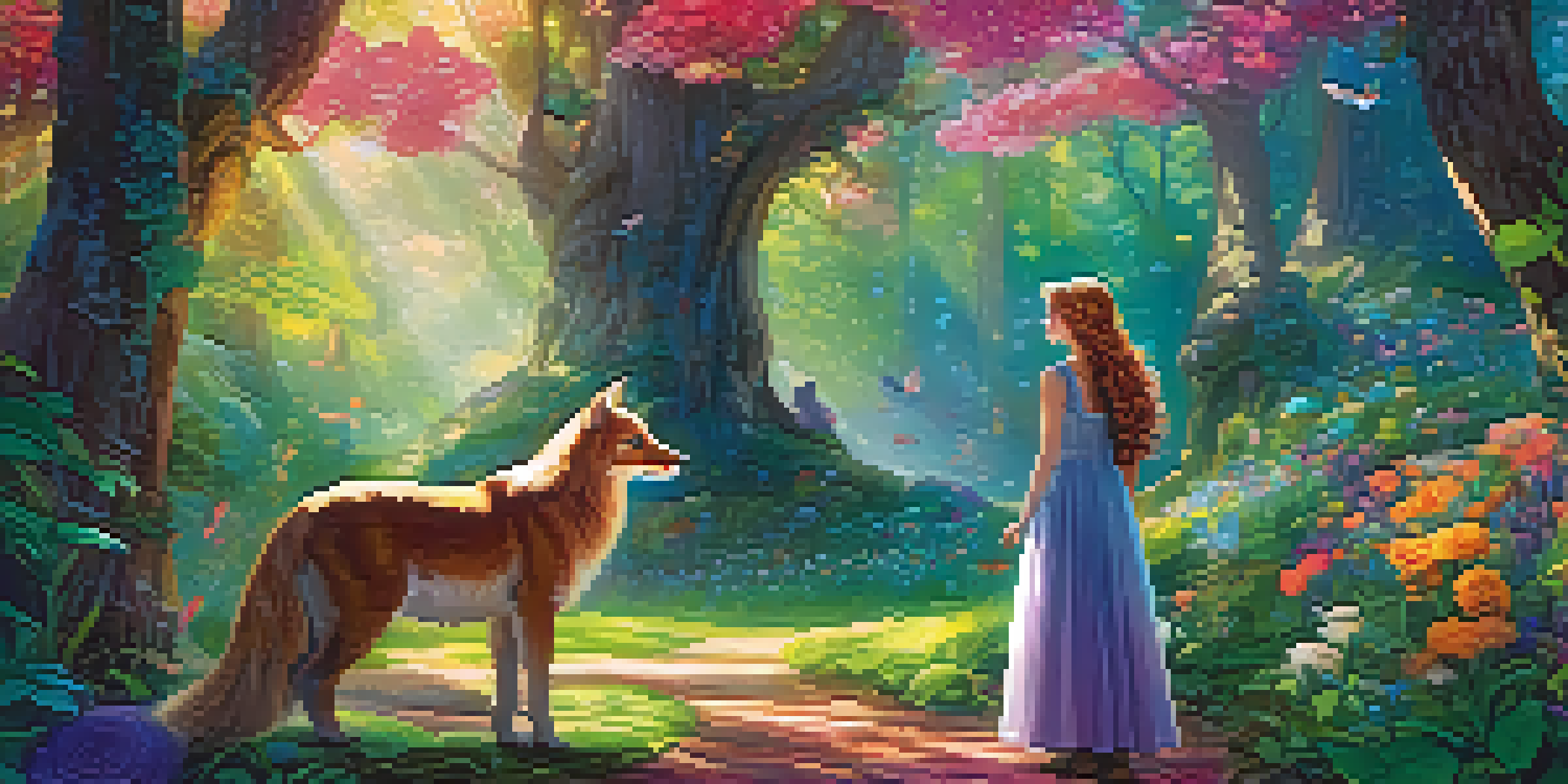 A whimsical character in a flowing gown interacting with a friendly talking animal in a colorful forest filled with flowers and sunlight.