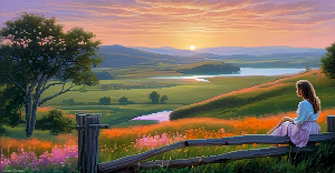 A young woman sitting on a wooden fence, watching a colorful sunset over rolling hills and a calm lake, surrounded by wildflowers.