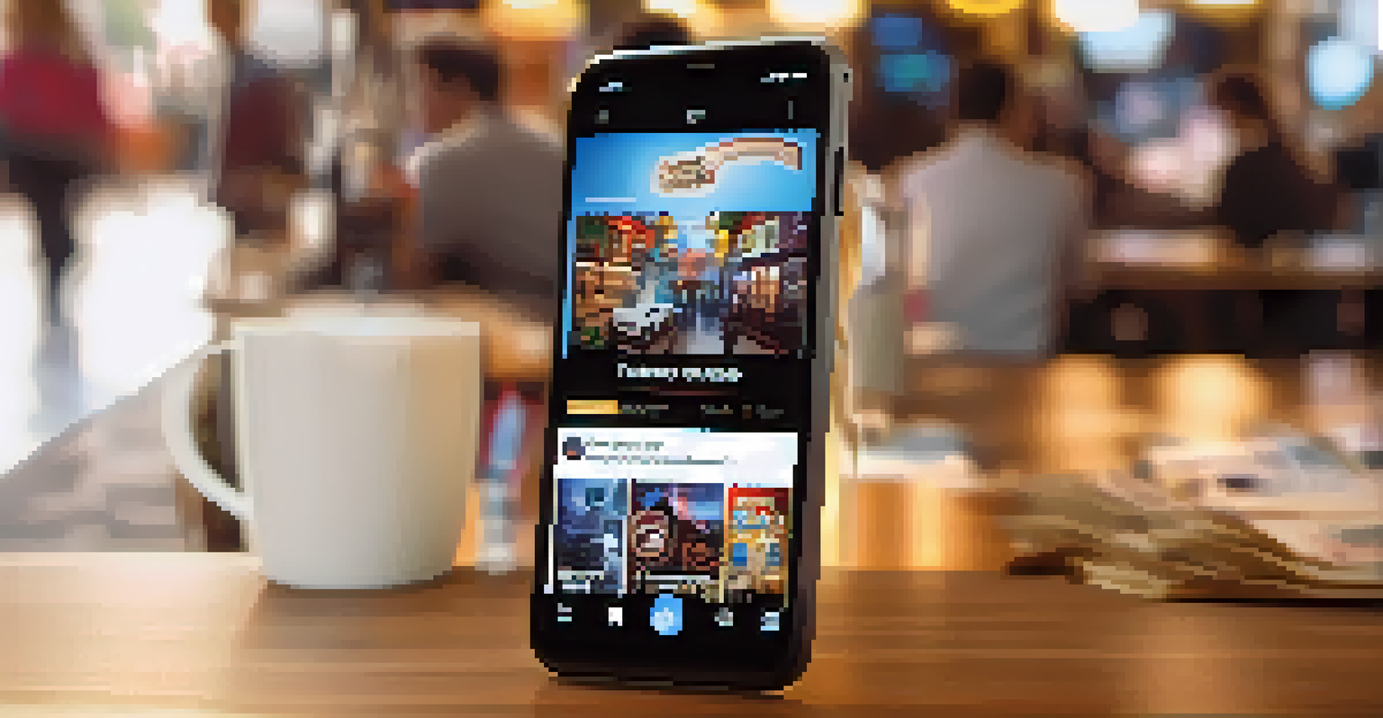 A smartphone showing a vibrant social media feed with film promotions, memes, and interactive content in a cozy coffee shop setting.