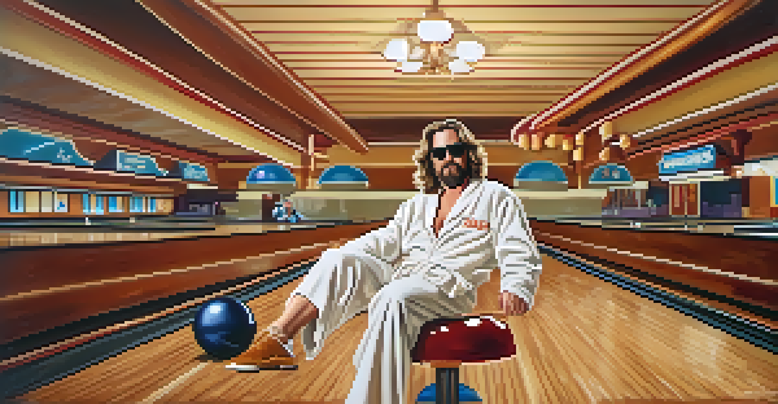 The Dude from 'The Big Lebowski' lounging on a vintage bowling alley lane, holding a bowling ball and a cocktail.