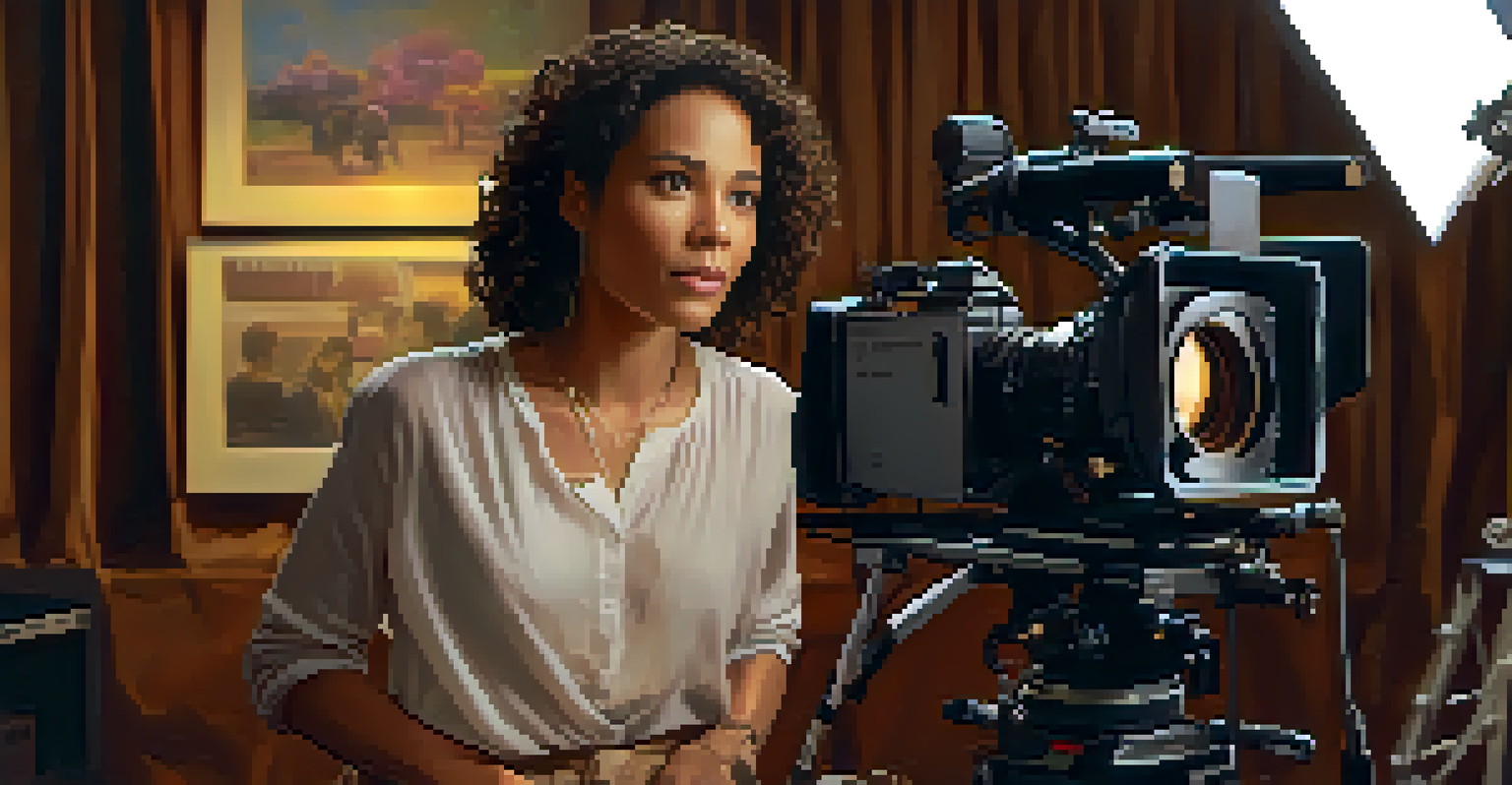 A female filmmaker on set, directing a diverse cast, highlighting collaboration and creative filmmaking in a warm and professional environment.