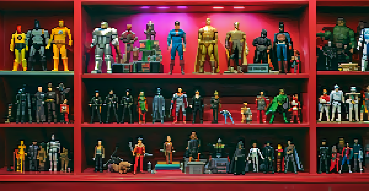 A display of iconic movie merchandise, including action figures and collectibles, arranged on a shelf with colorful background lighting.