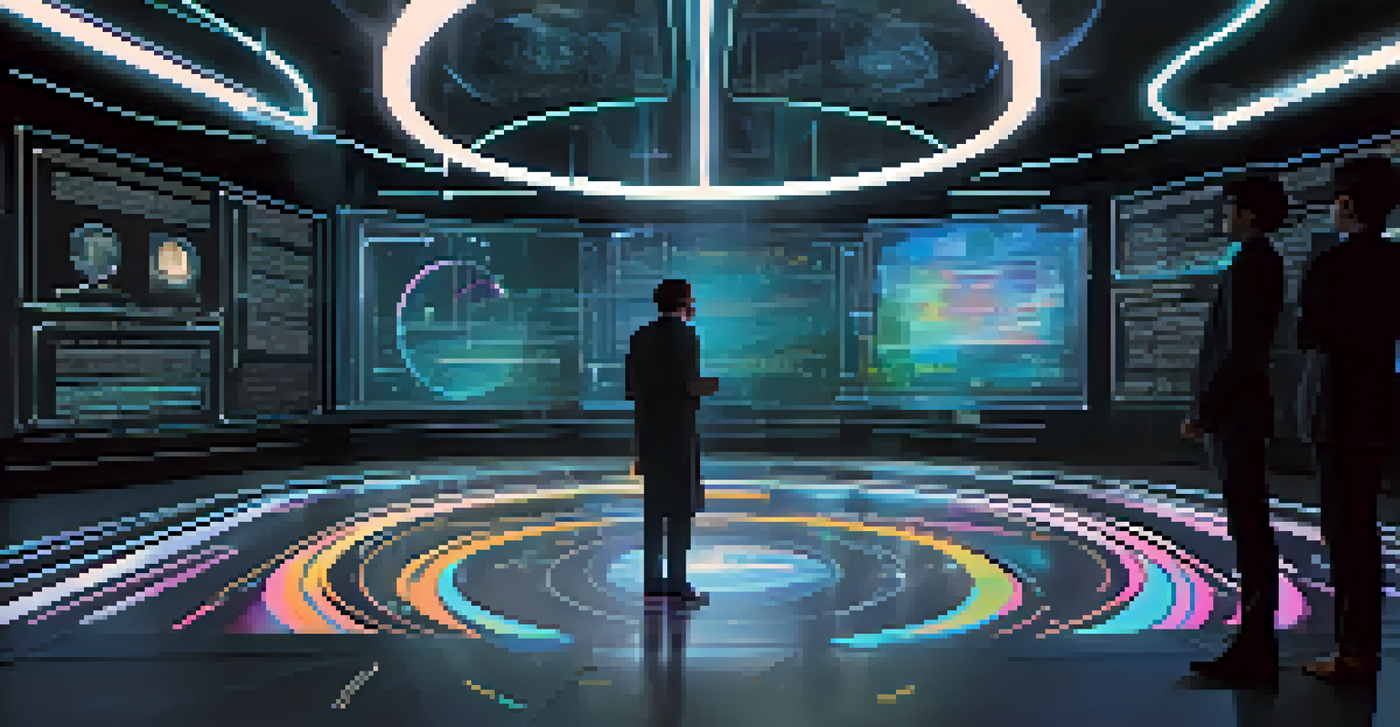 A futuristic AI interface in a dark room with holographic visuals and a writer interacting with it, immersed in a modern atmosphere.