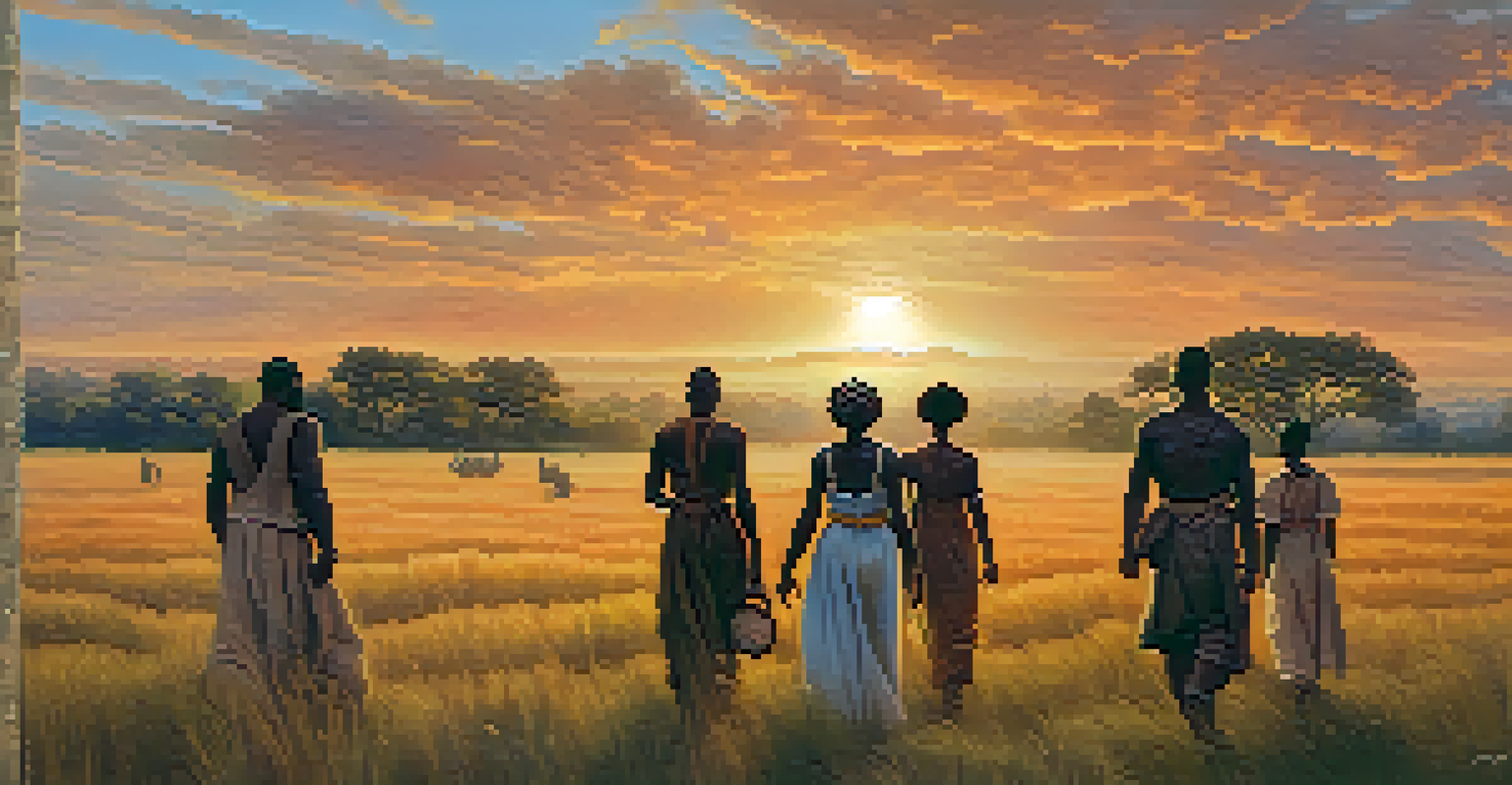 A diverse group of formerly enslaved individuals in an open field, symbolizing hope and freedom at sunset.