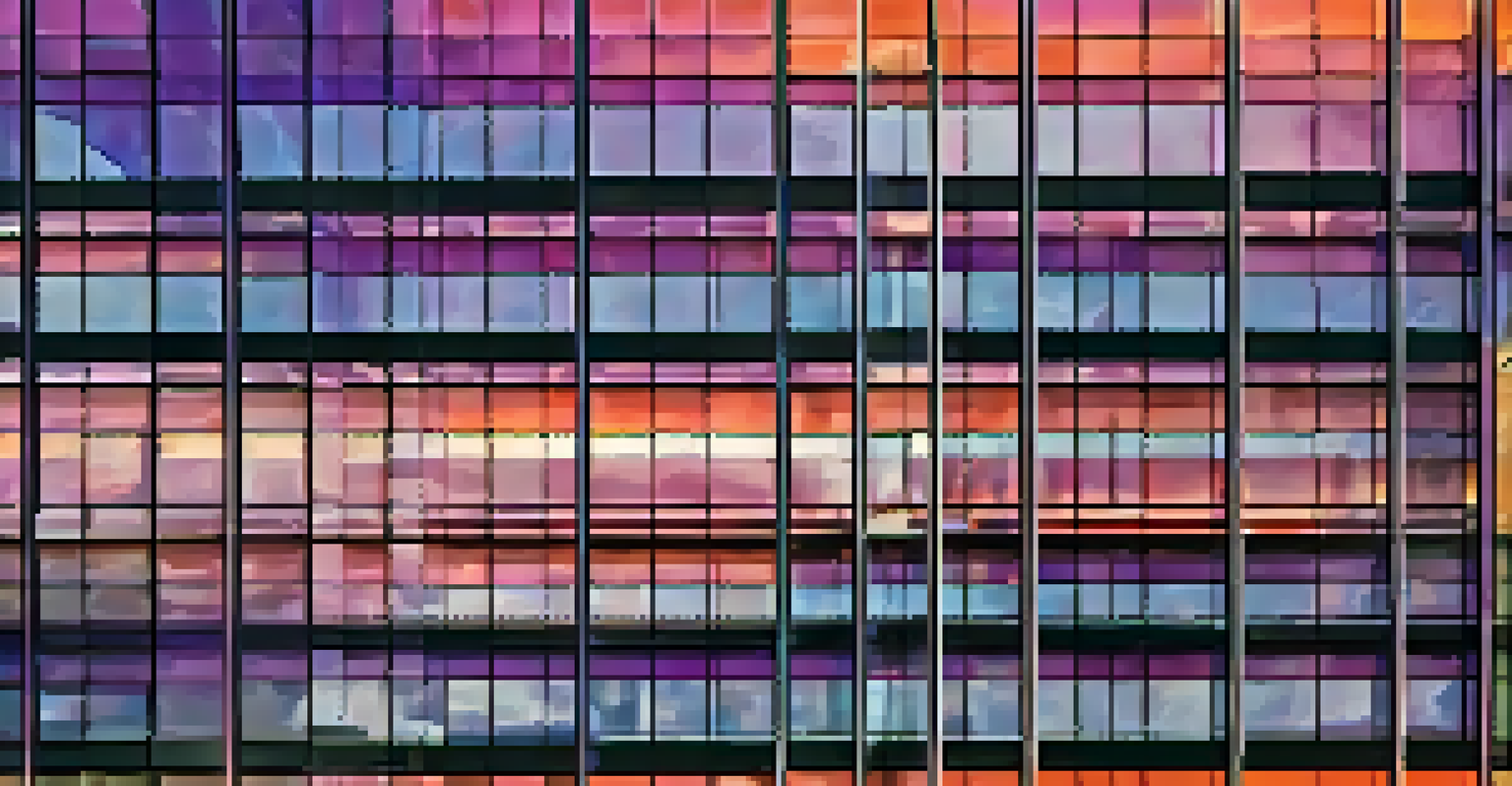 A low-angle shot of a tall modern building at twilight with vibrant orange and purple hues in the sky.