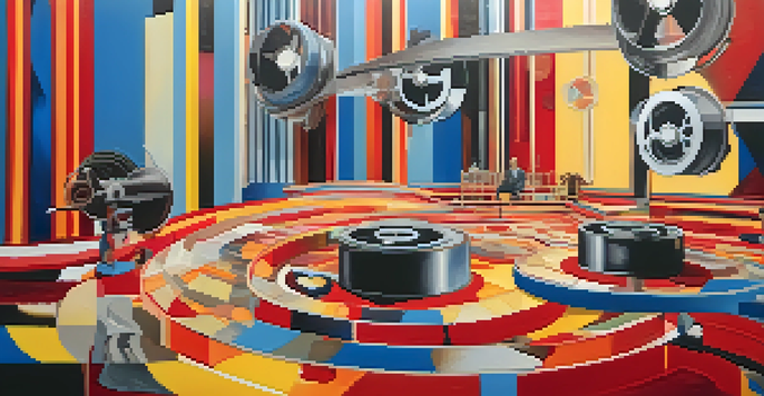 An abstract representation of experimental cinema with fragmented film reels and dreamlike imagery in bright colors.