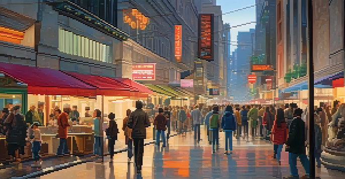 A split scene showing a busy city street on one side and a quiet room on the other, with contrasting lighting and colors.