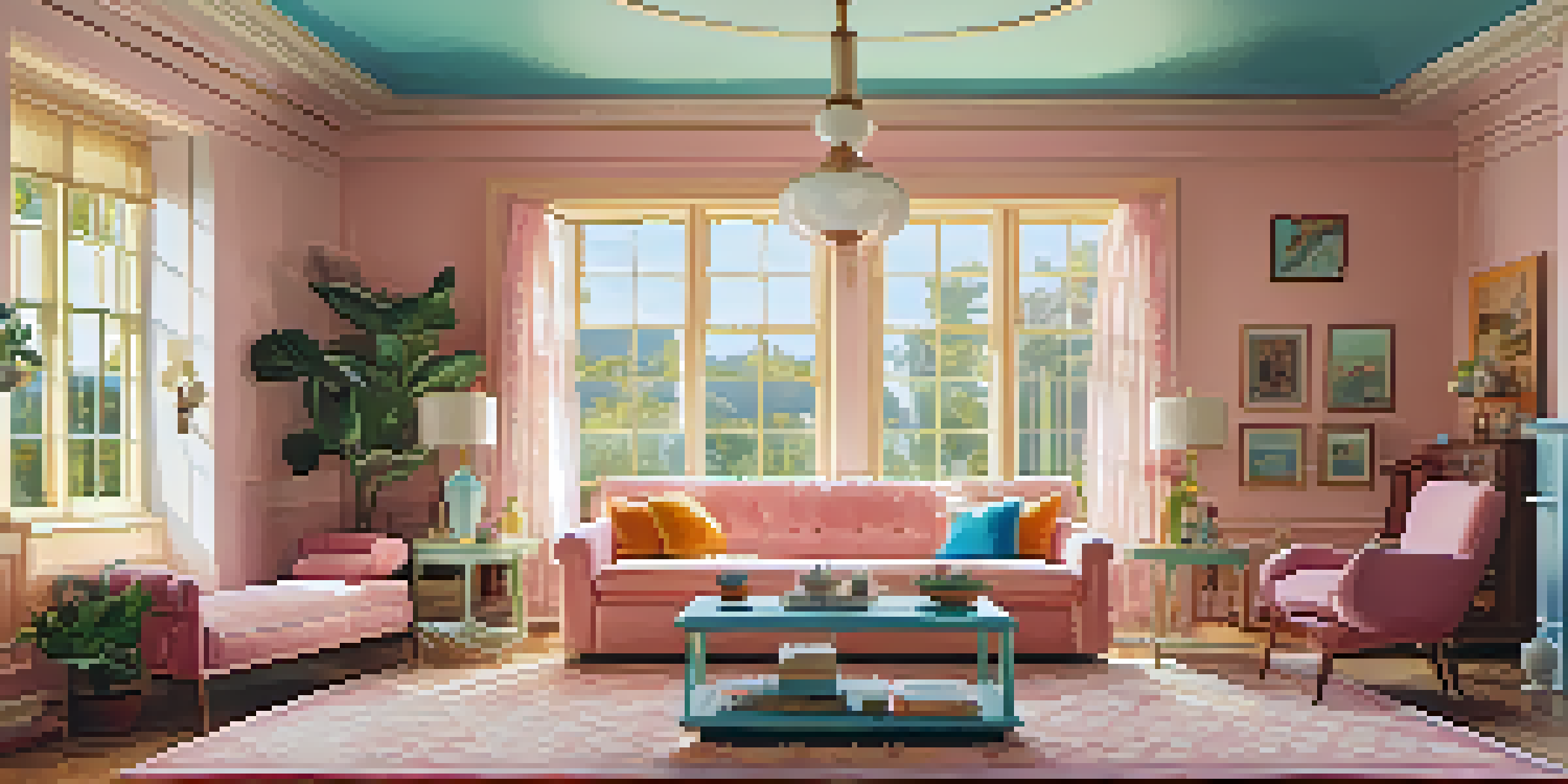 A pastel-colored living room with symmetrical furniture, vintage wallpaper, and quirky decorative items, illuminated by sunlight.