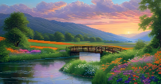 A picturesque valley at sunset with a river running through and a wooden bridge.