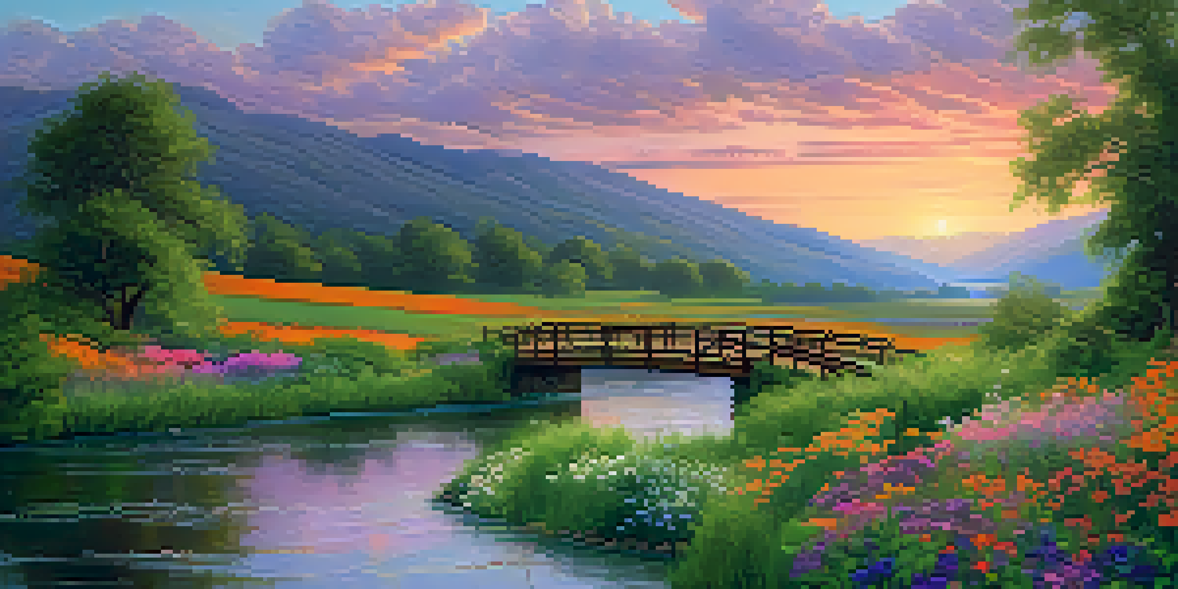 A picturesque valley at sunset with a river running through and a wooden bridge.