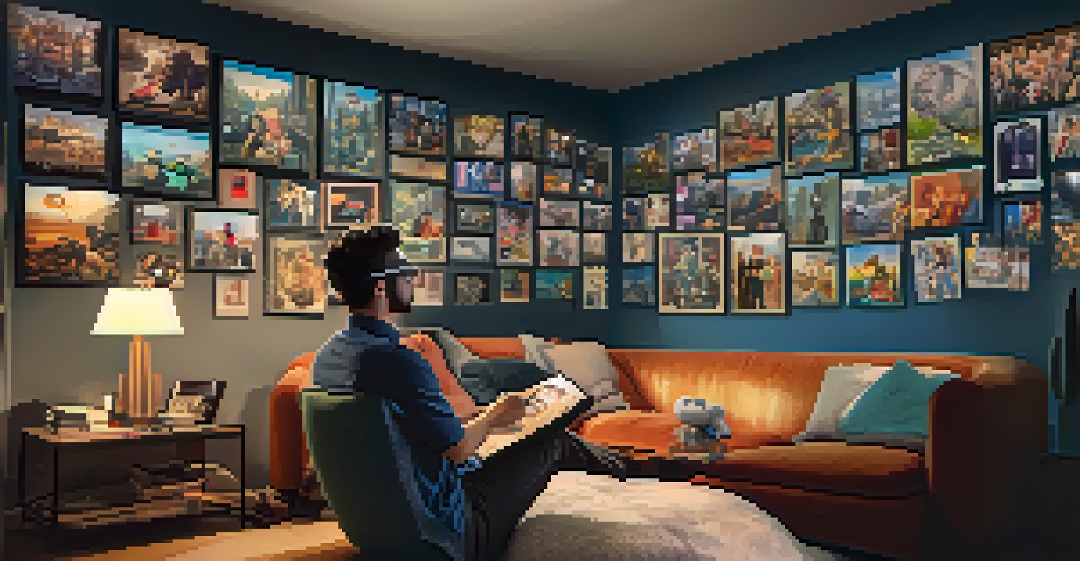 A film critic wearing augmented reality glasses, surrounded by floating images of film scenes in a modern living room.