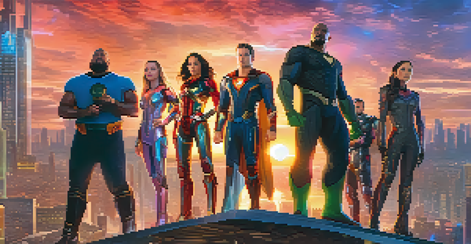 A diverse group of characters in a futuristic city, showcasing their unique traits and interactions, with a colorful sunset in the background.