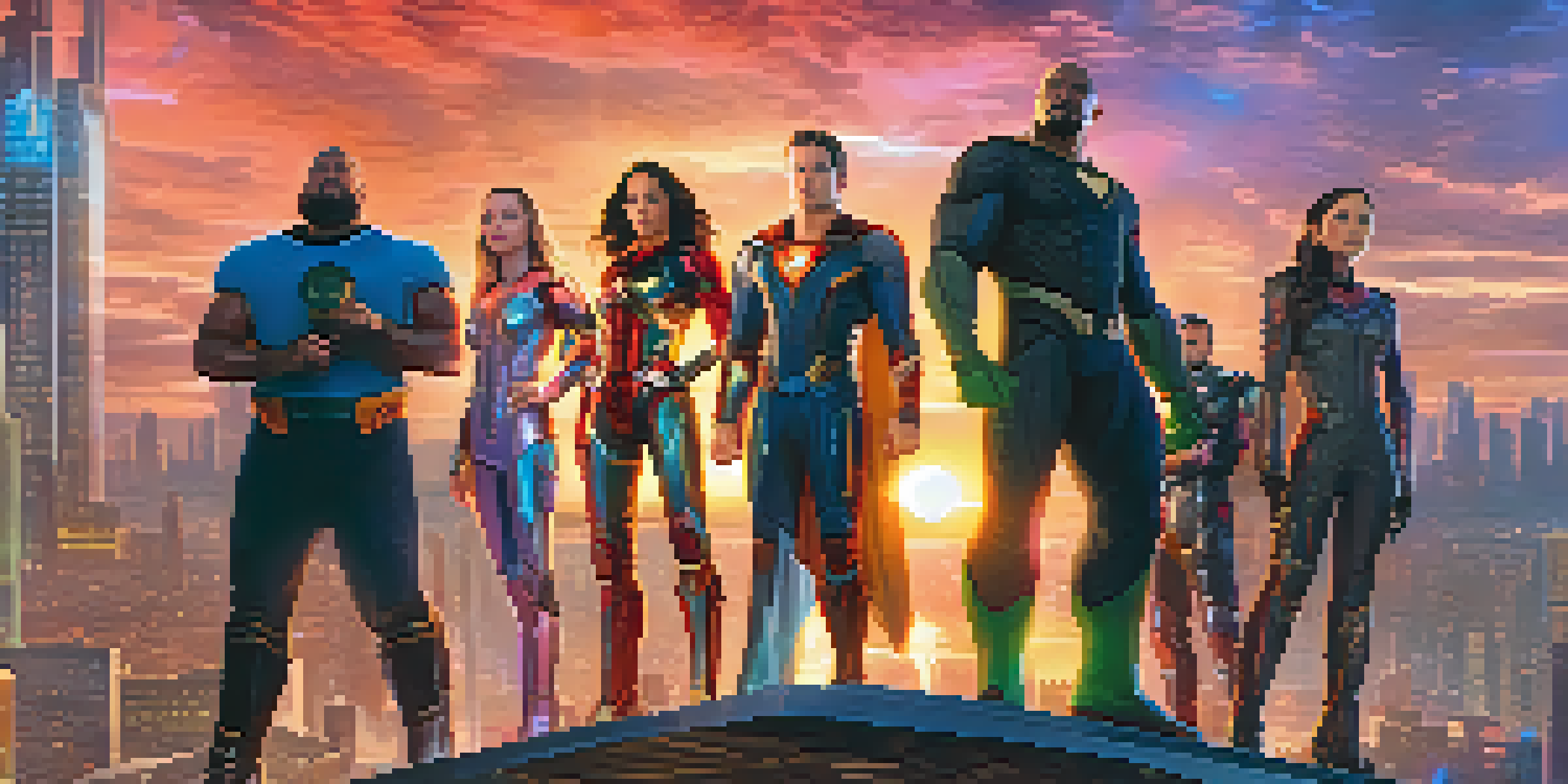 A diverse group of characters in a futuristic city, showcasing their unique traits and interactions, with a colorful sunset in the background.