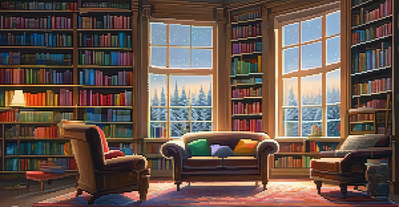 A cozy library with tall bookshelves, a plush armchair, and a window showing snowfall outside, creating a warm, inviting ambiance.