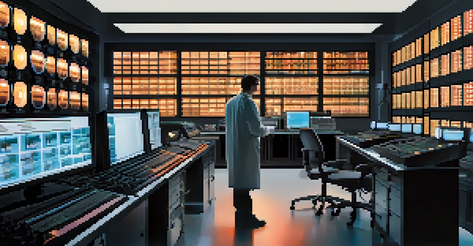 A modern film restoration lab where a technician examines a film reel under bright lights with computers displaying restoration software.