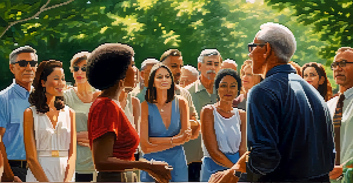 A diverse group of people in a park listening to a passionate speaker on a podium surrounded by trees.