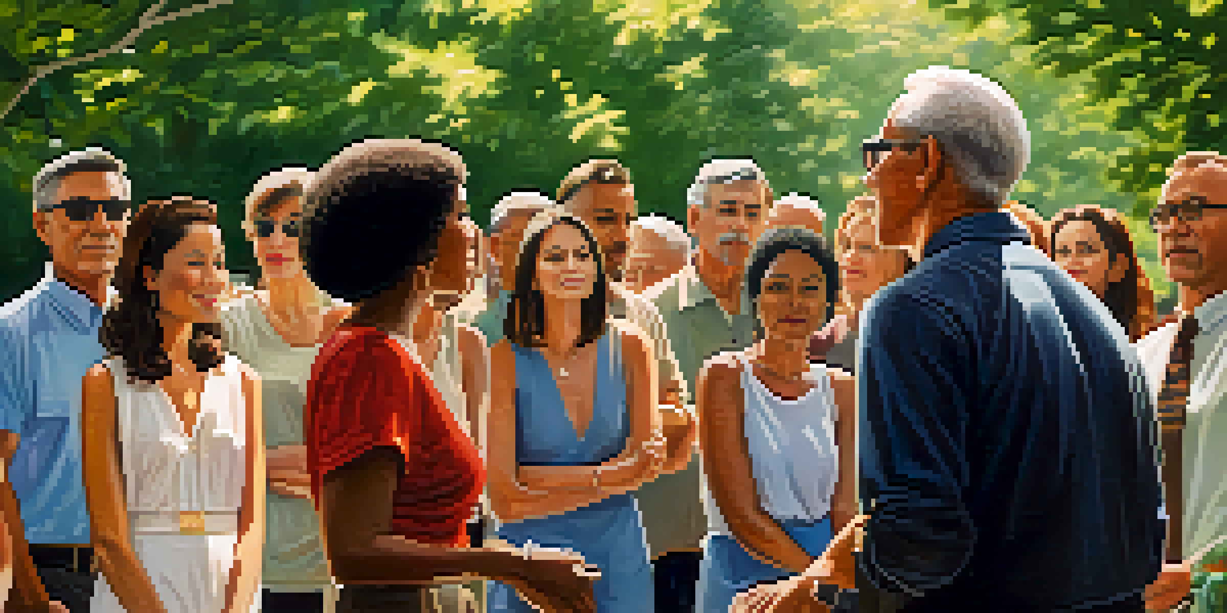 A diverse group of people in a park listening to a passionate speaker on a podium surrounded by trees.