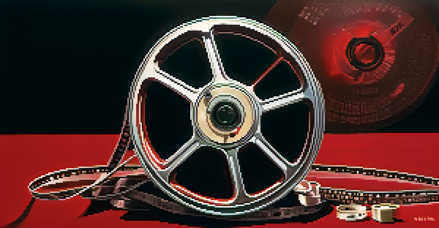 An artistic film reel unraveling with images from Hitchcock's films, set against a deep red and black gradient background.