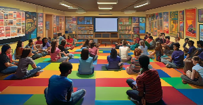 A colorful classroom filled with diverse students watching a film on a projector, surrounded by posters of various film genres.