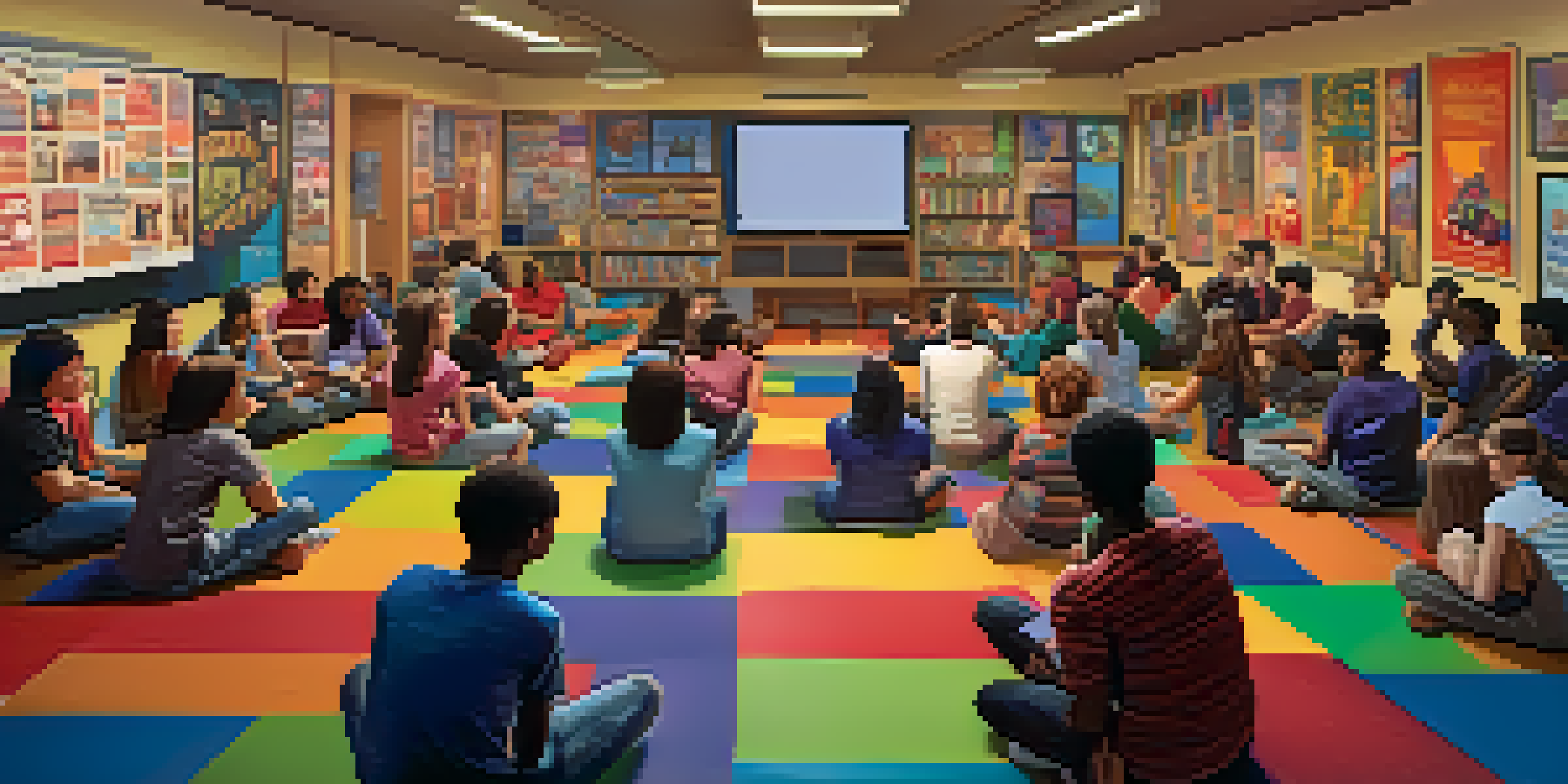 A colorful classroom filled with diverse students watching a film on a projector, surrounded by posters of various film genres.