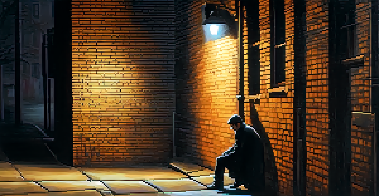 A suspenseful scene in a dimly lit alley with a figure under a flickering streetlight, surrounded by shadows and graffiti on the walls.