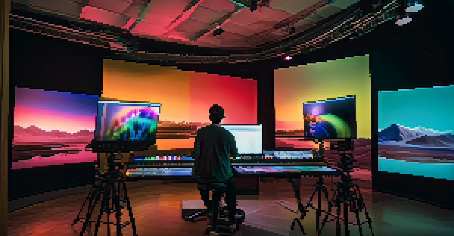 A color grading session in a film studio, with a colorist adjusting palettes on a large screen surrounded by colorful lighting.