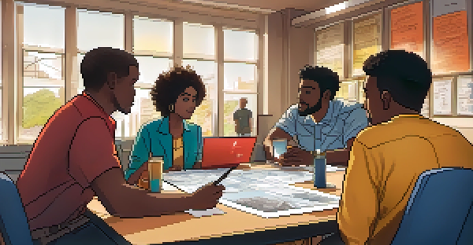 A filmmaker collaborates with a diverse crew around a table filled with storyboards and digital tablets in a brightly lit room.