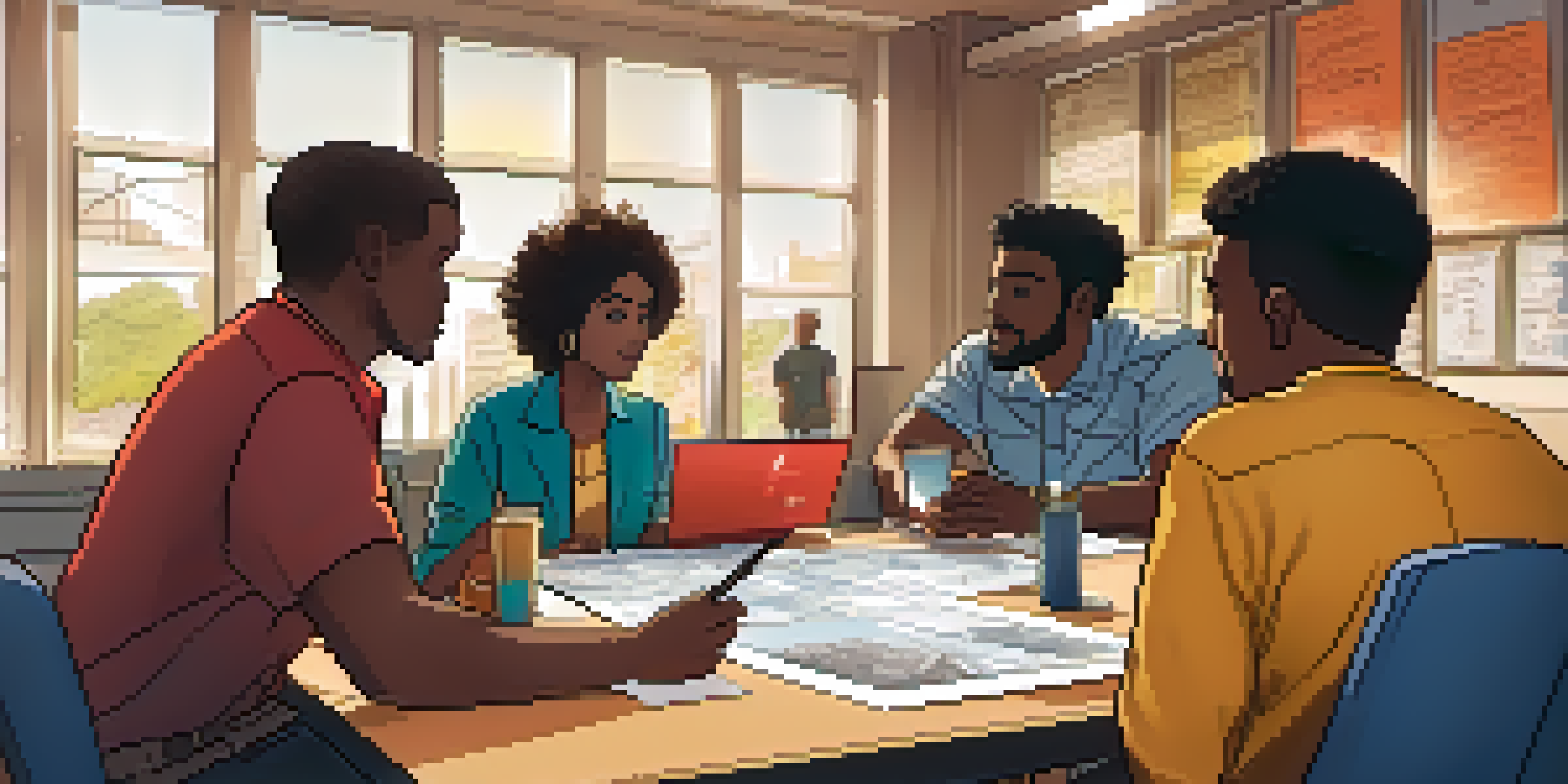 A filmmaker collaborates with a diverse crew around a table filled with storyboards and digital tablets in a brightly lit room.