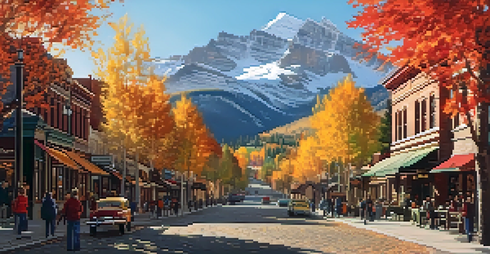 A beautiful autumn landscape in Telluride, Colorado, with vibrant fall colors and the Rocky Mountains in the background. A group of film enthusiasts is chatting in the foreground.