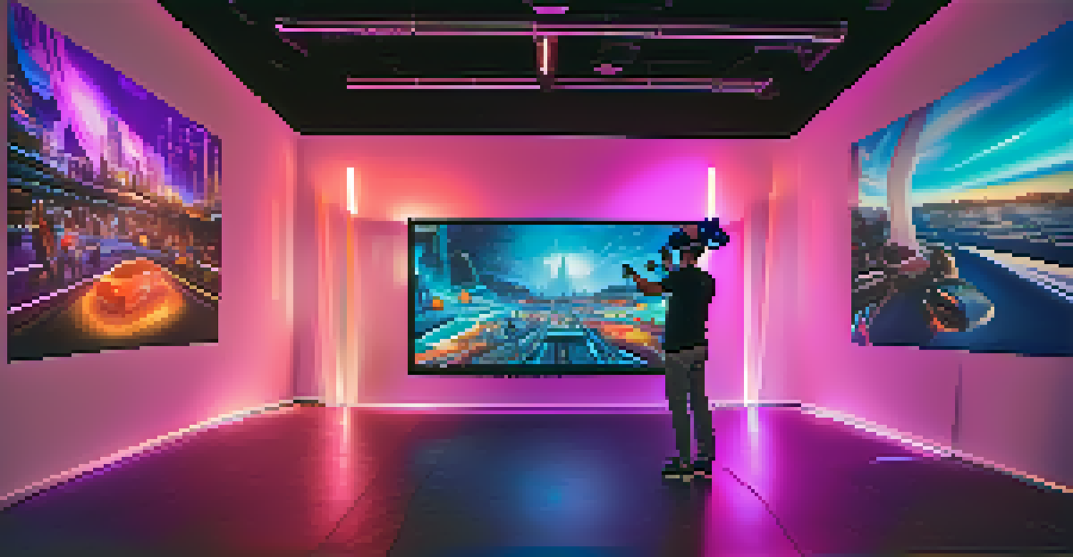 A person wearing a VR headset in a modern room filled with colorful lights and digital displays, showcasing immersive experiences.