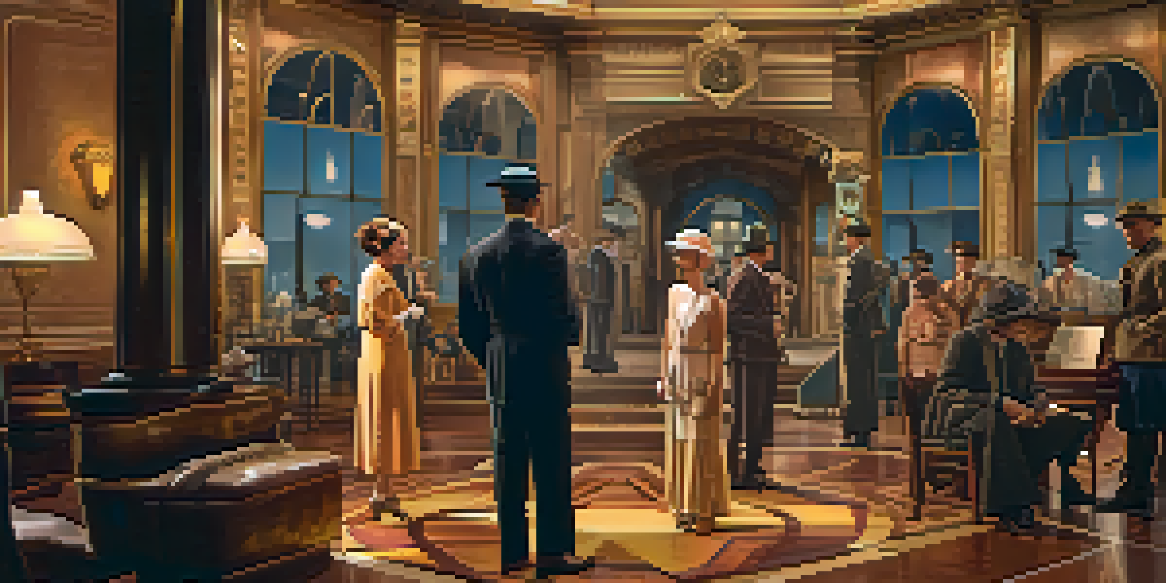 A colorful film set showcasing actors in 1920s costumes amidst vintage props and art deco architecture, illuminated by warm lighting.