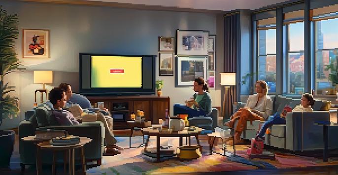 A family enjoying a movie night in a cozy living room with a large TV and warm lighting.