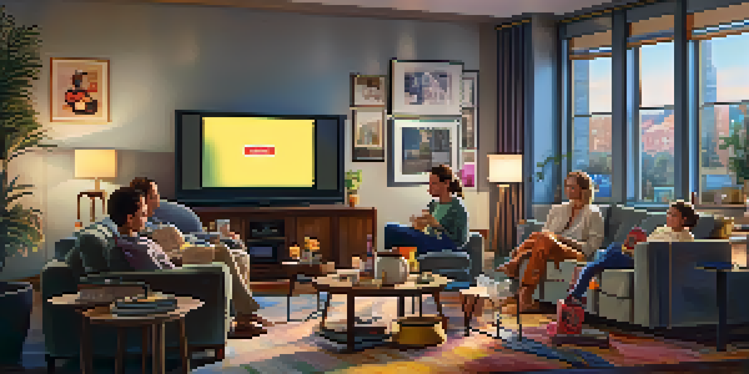 A family enjoying a movie night in a cozy living room with a large TV and warm lighting.